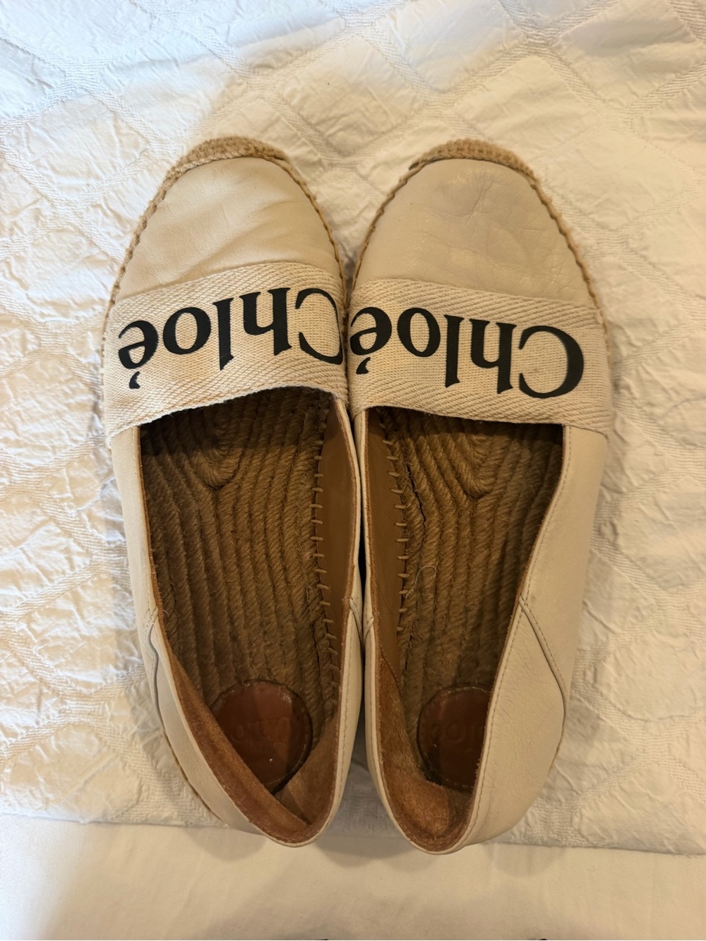 Chloé Woody Logo Leather Espadrilles Cream Ivory Size 39